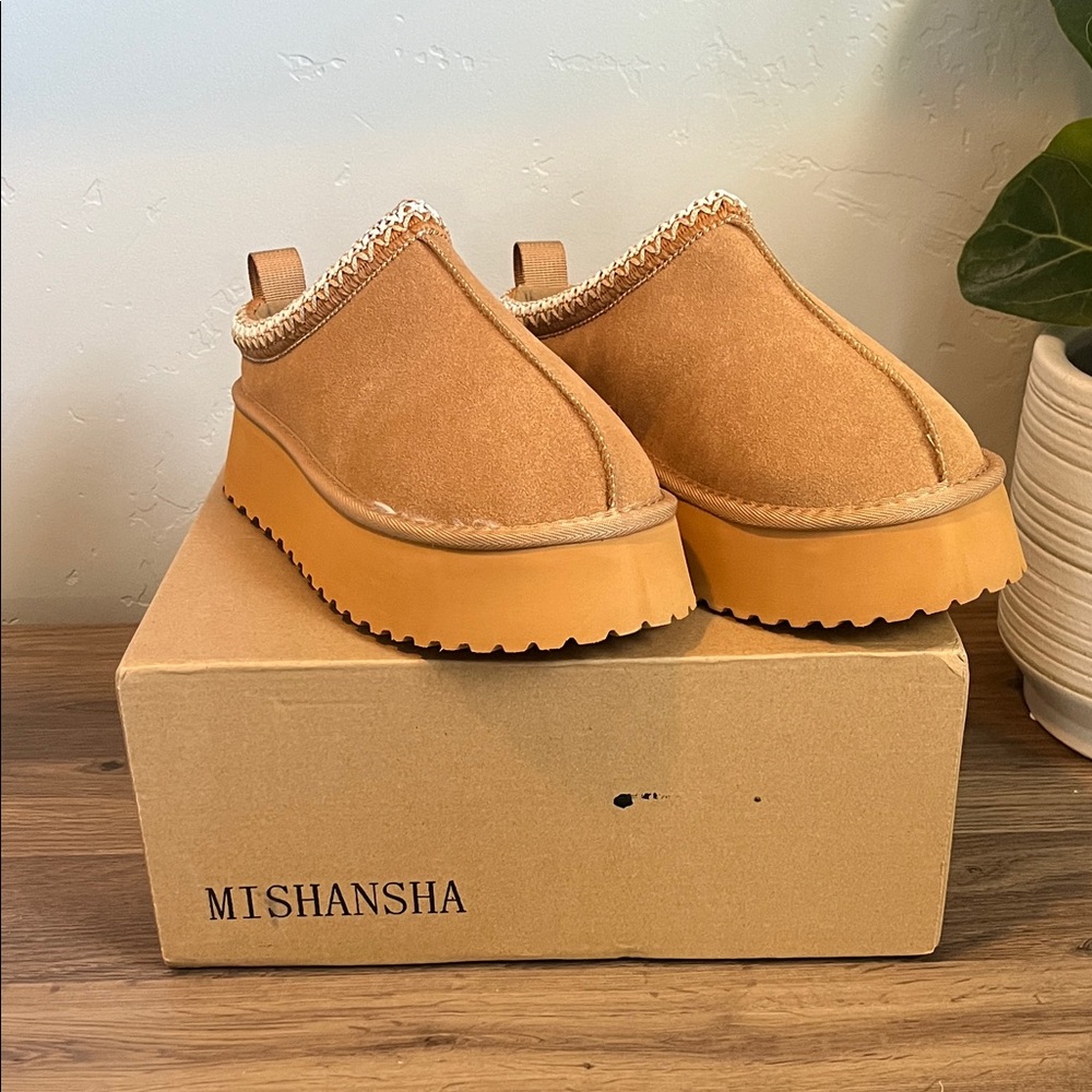 Mishansha Tan Suede Slip-On Platform Clog Mules